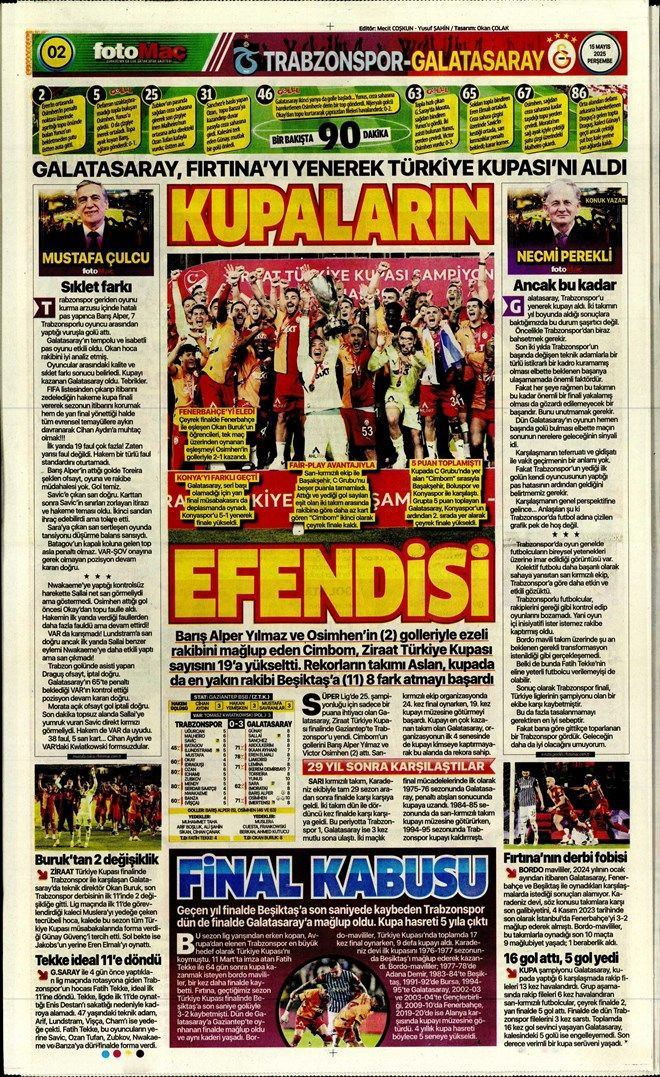 "Şampiyon Los 'Gala'cticos" Galatasaray'ın görkemli Türkiye Kupası zaferi gazete manşetlerinde - Sayfa 7