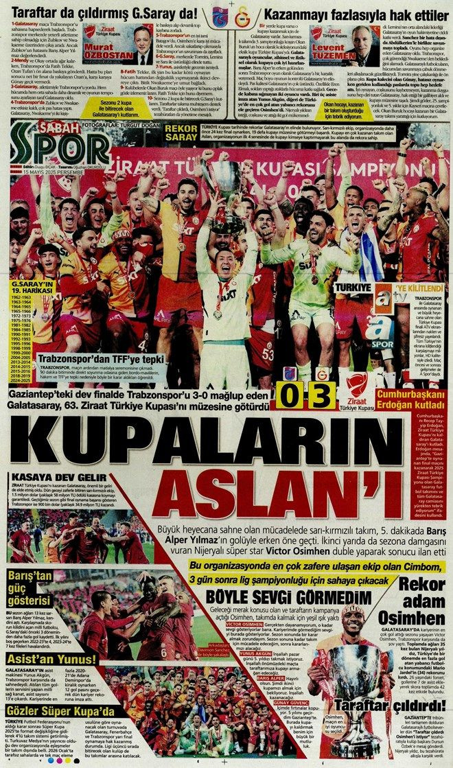 "Şampiyon Los 'Gala'cticos" Galatasaray'ın görkemli Türkiye Kupası zaferi gazete manşetlerinde - Sayfa 11