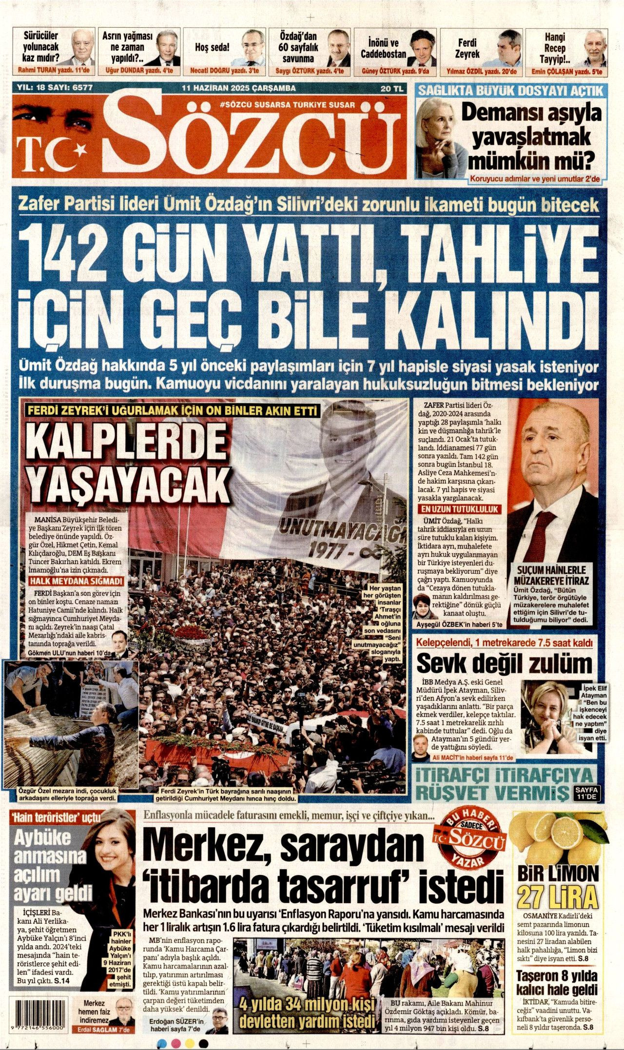Siyaset üstü bir veda! Ferdi Zeyrek'in cenaze töreni manşetlerde... 11 Haziran Çarşamba gazete manşetleri - Sayfa 5