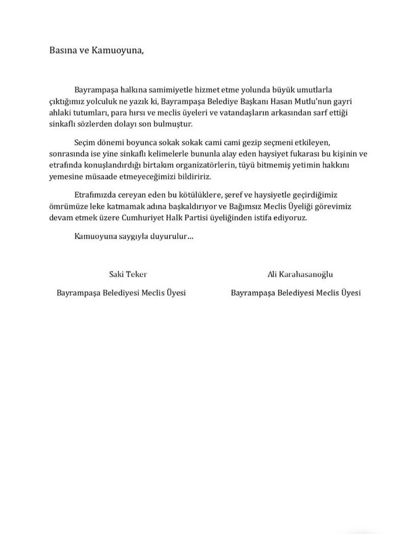 CHP’li Bayrampaşa Belediyesi’nde istifa krizi!  Saki Teker ve Ali Karahasanoğlu “Gayri ahlaki tutum, para hırsı ve küfürlü sözler artık yetti” diyerek istifa etti... - Sayfa 5