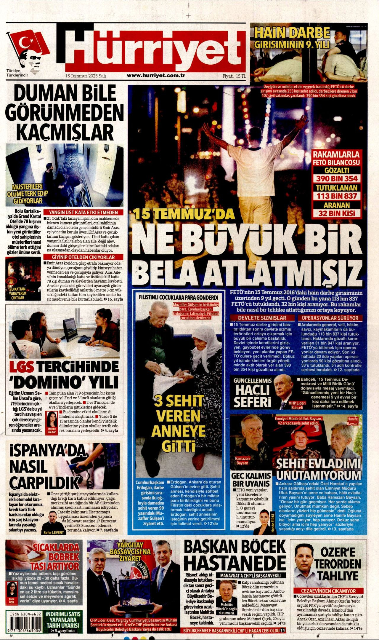 15 Temmuz'da ne büyük bir bela atlatmışız! Hain darbe girişiminin 9. yılında gazete manşetleri... - Sayfa 1