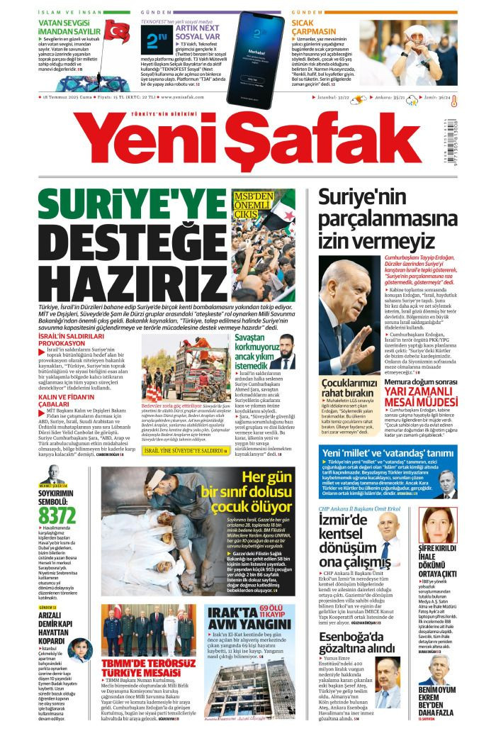 Suriye'ye desteğe hazırız! 18 Temmuz 2025 Gazete Manşetleri (1. Sayfalar) - Sayfa 1